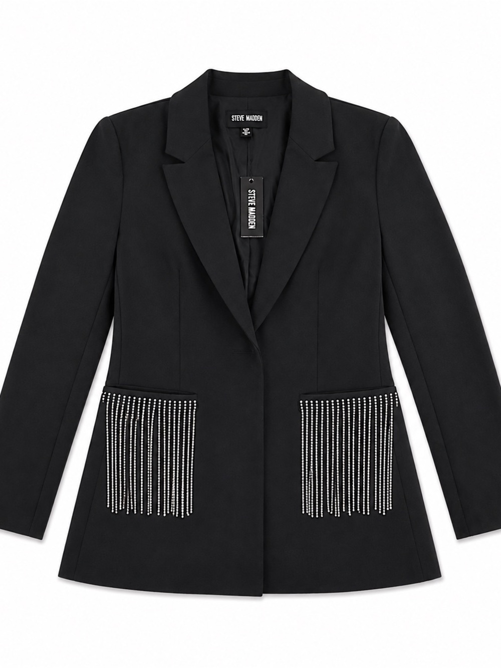 Steve Madden Black Blazer with Crystal Fringe Pockets